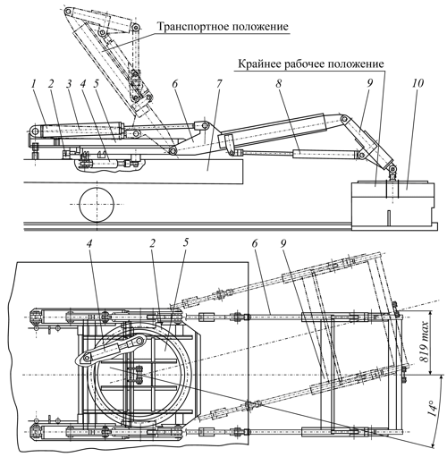 Гидравлический манипулятор подвесной рельсосварочной машины: 1 и 7 - гидроц